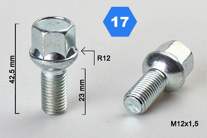 M12x1,5, Radius 12, Wielbout radius, Draadlengte 25mm, SW 17